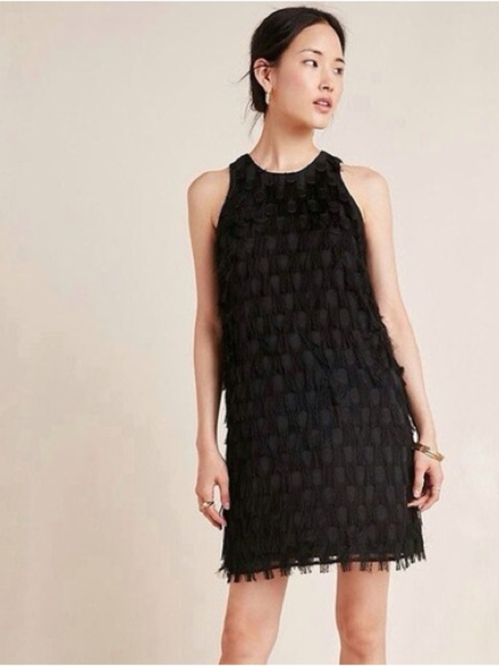 By Anthropologie Black Sleeveless Fringe Shift Dress - Women's